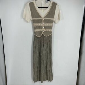 Vintage 90s Knit Midi Vest Dress 8 Cottage Prairie Garden Lace Girly Green Cream